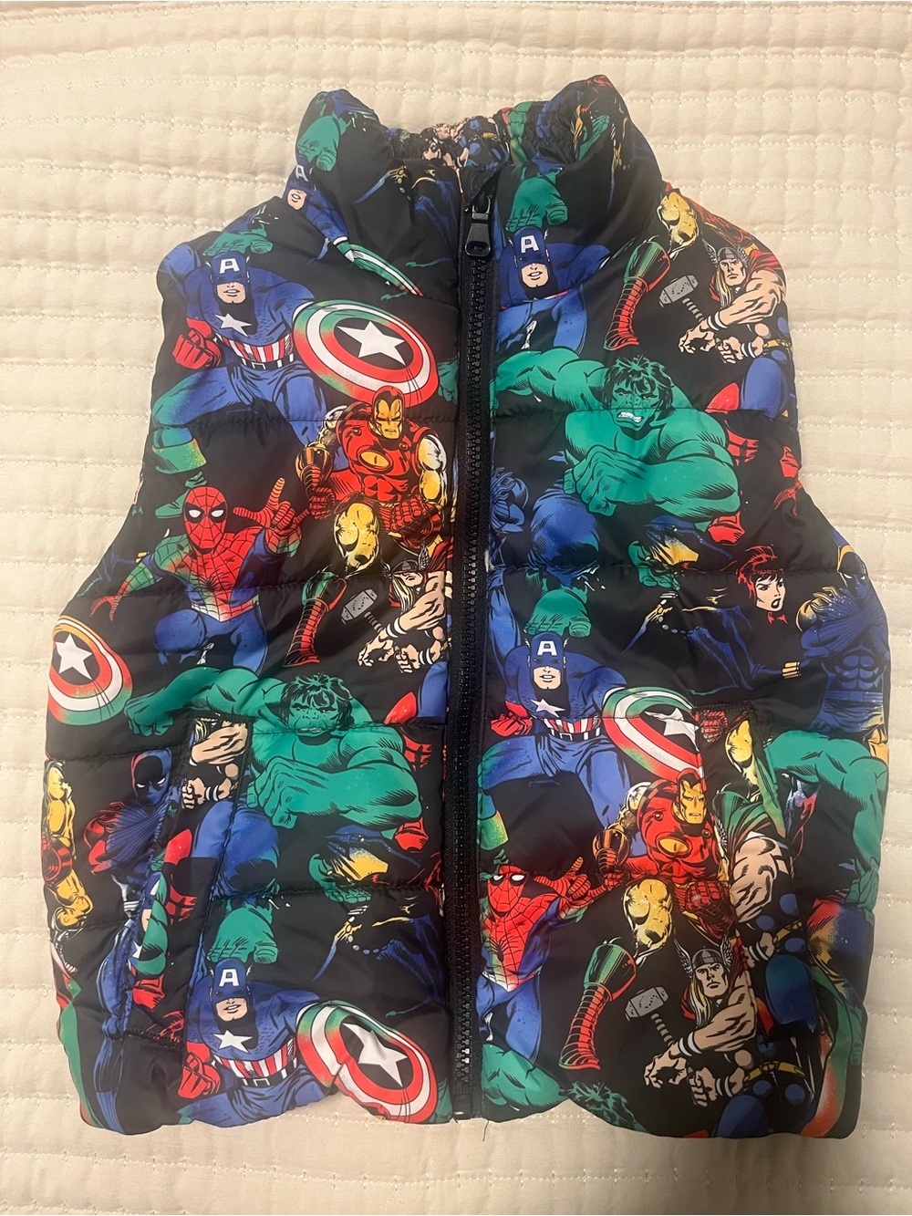 Marvel Kids Superhero Puffer Vest - Black with Red, Blue & Green Characters